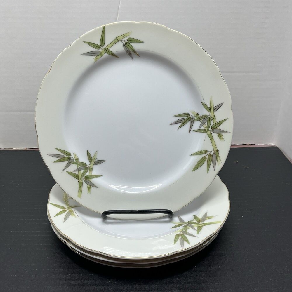 Vtg Kutani Japan Bamboo Tree Pattern Bone China 10" Dinner Plates Hand-Painted